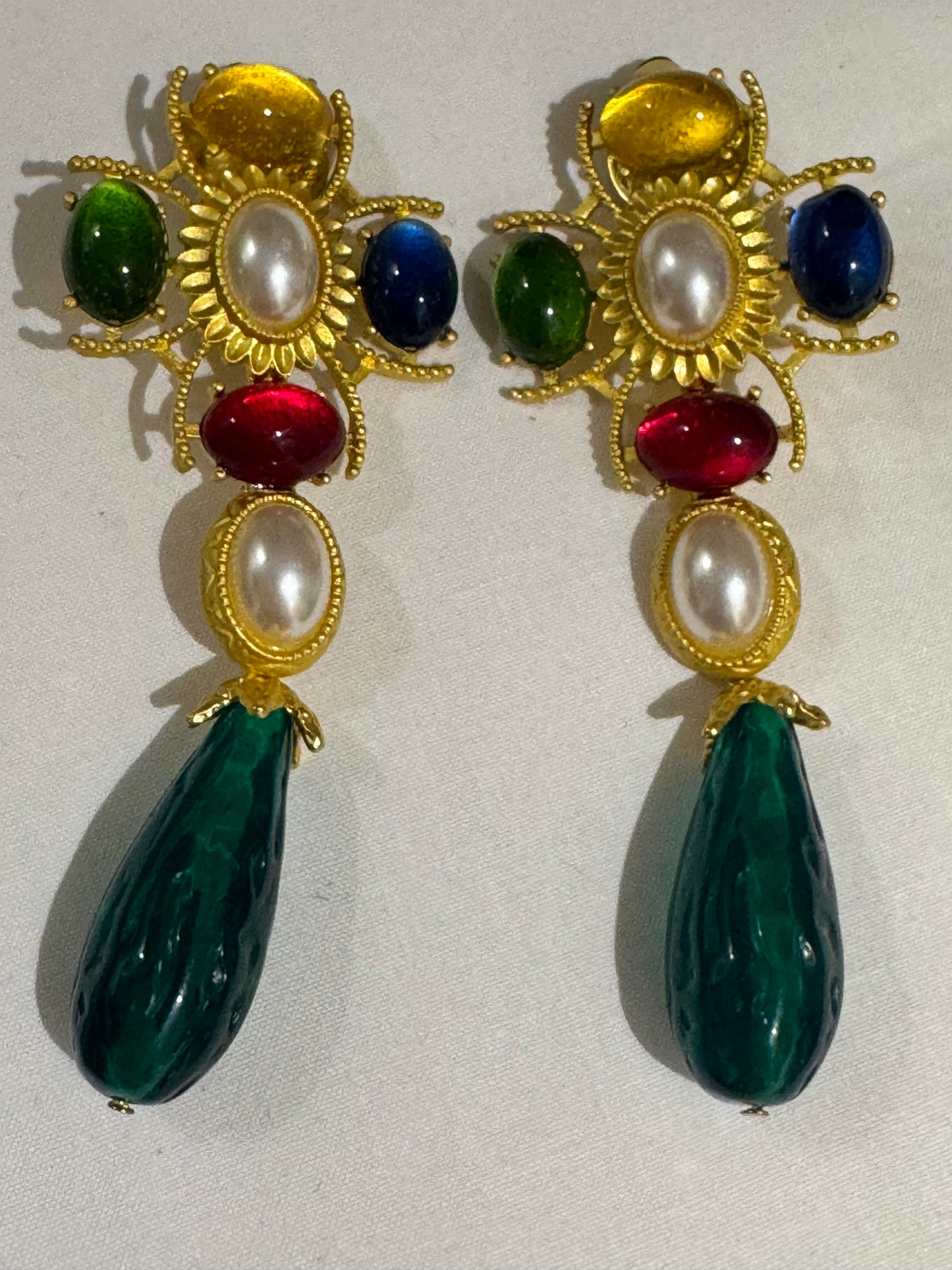 stunning 1980s jumbo drop earrings. Gold tone with pearl, green, red, yellow and jumbo green drop. sourced in Paris.