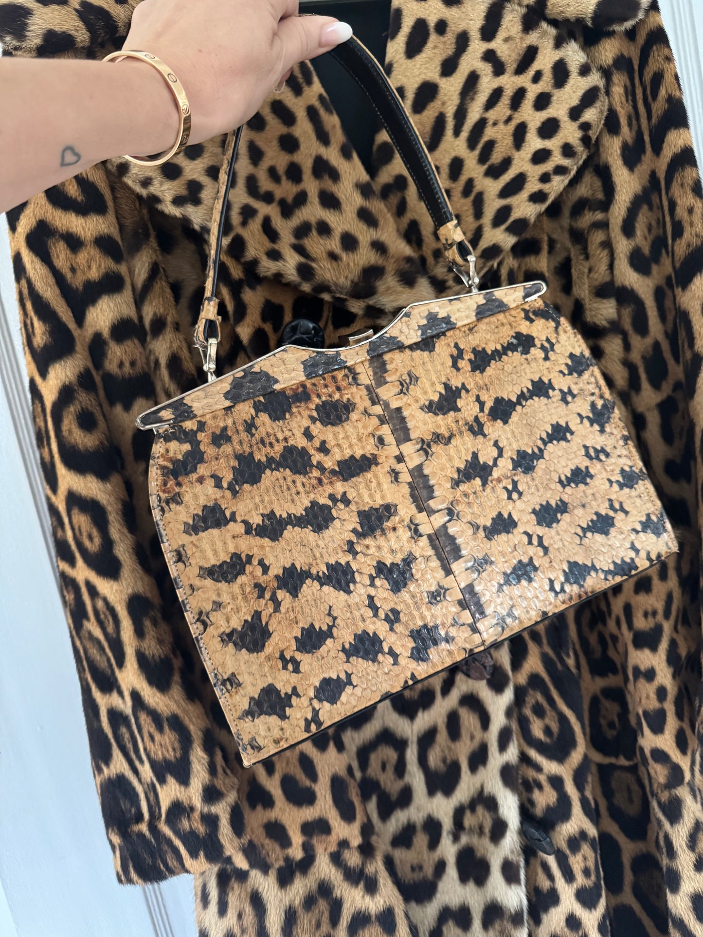 1950s snakeskin print top handle handbag