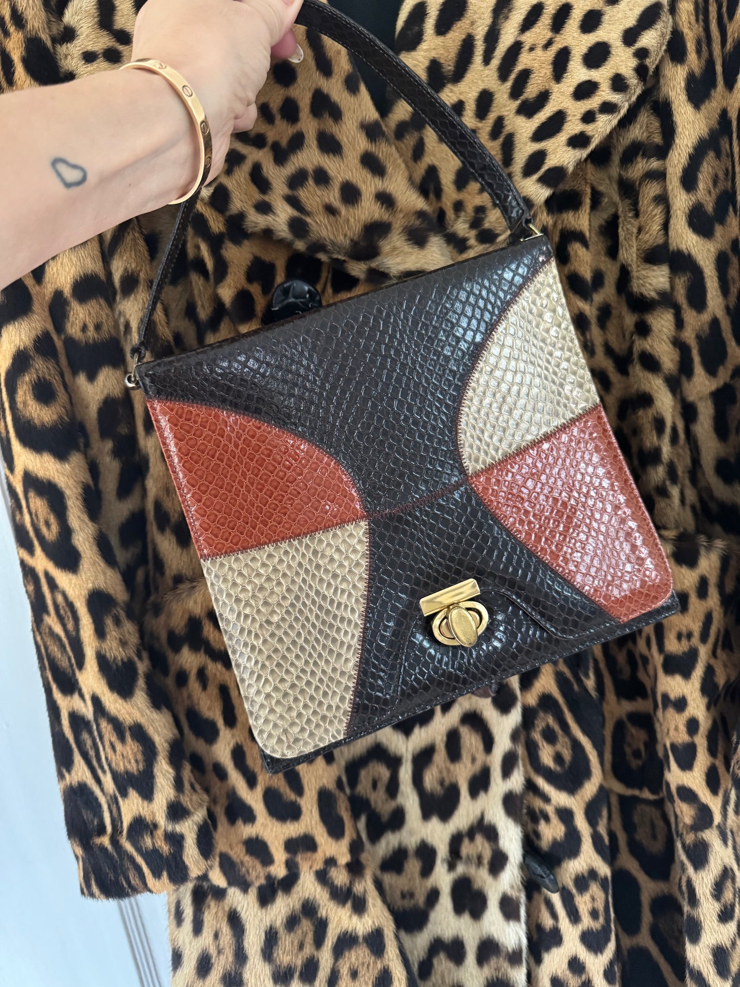 Beautiful 1970s snake print multicolored top handle bag