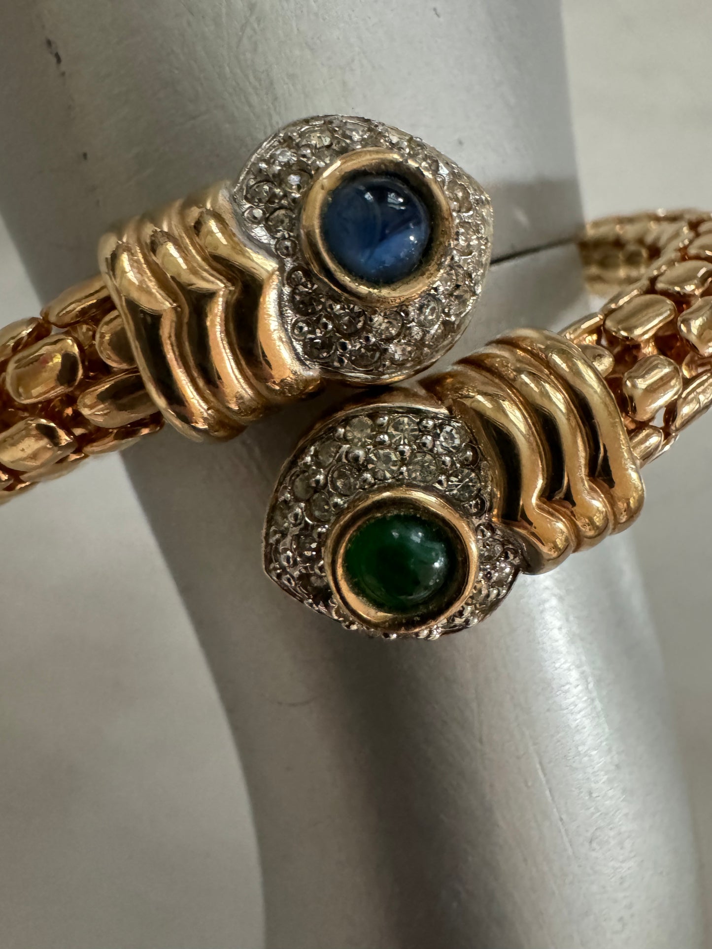 1970s gold tone snake clamper bracelet with rhinestones