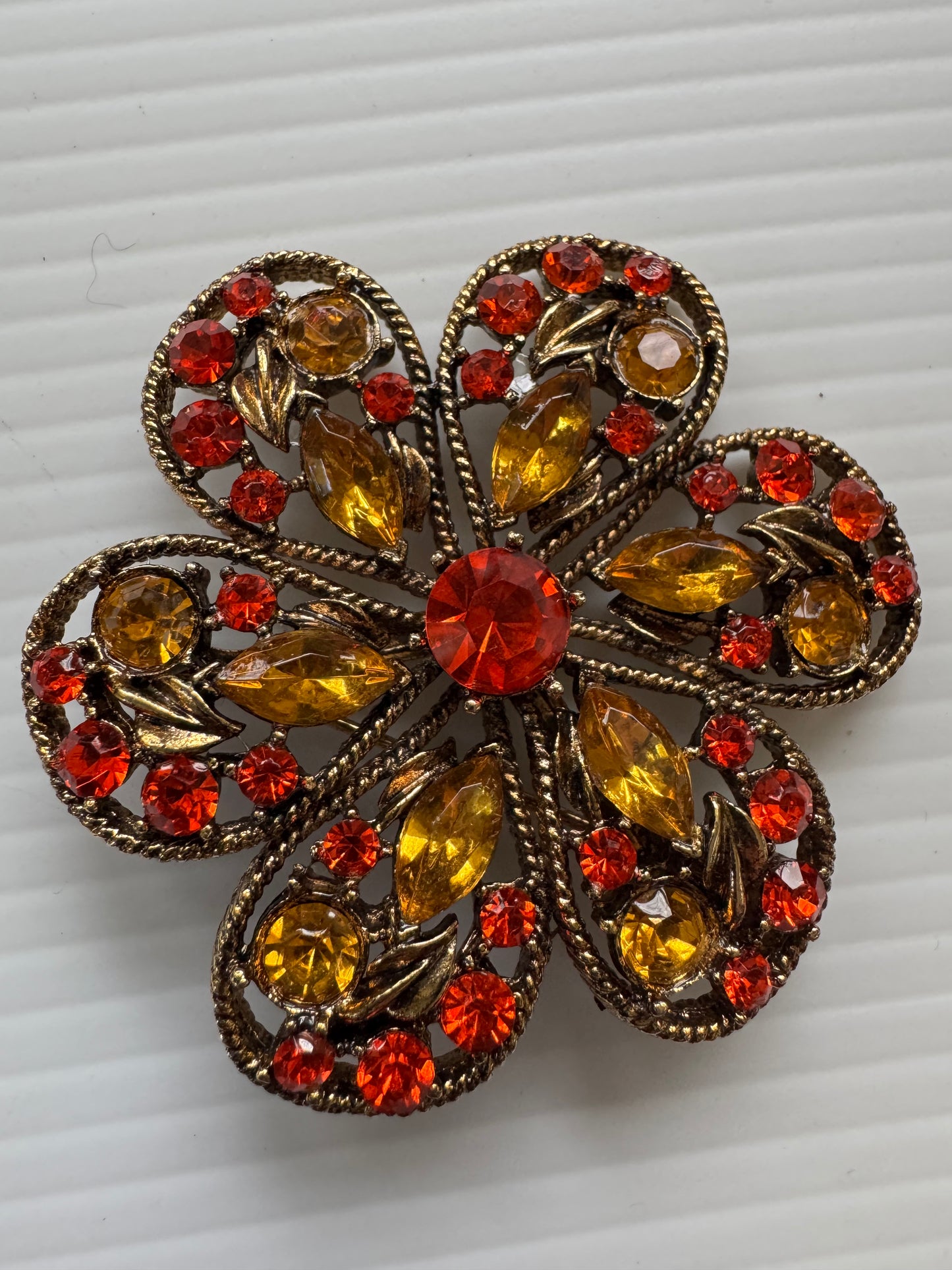 1960s stunning vintage signed Weiss amber colored an orange rhinestone brooch