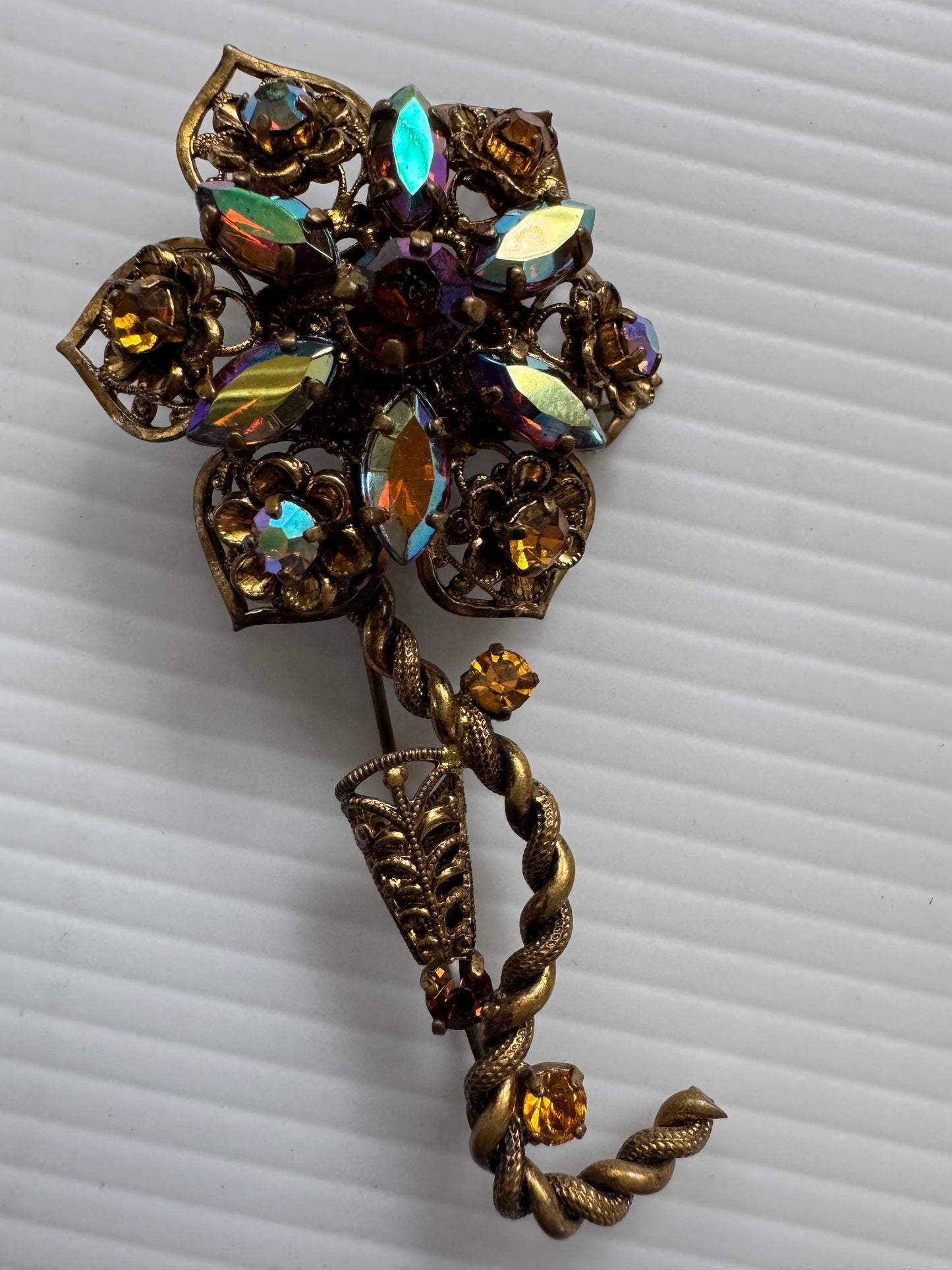 1950s vintage, amber colored flower, gold tone brooch signed Western Germany