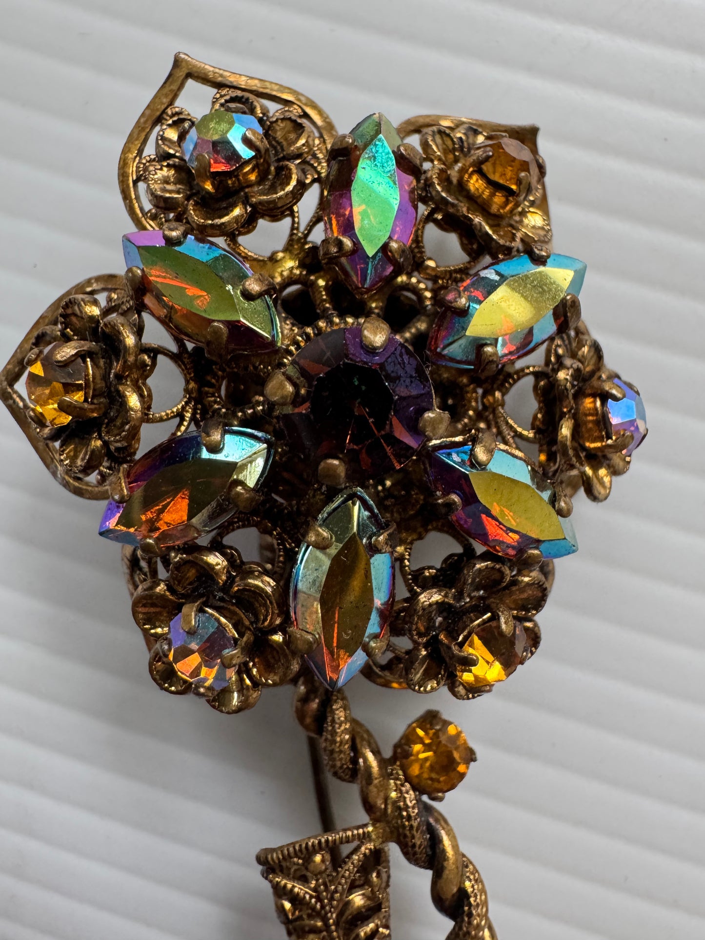1950s vintage, amber colored flower, gold tone brooch signed Western Germany