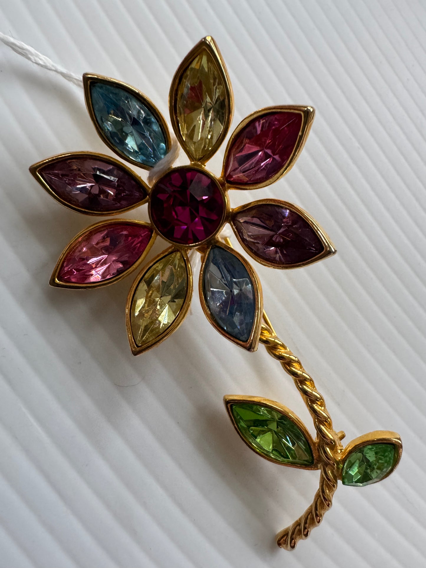 Vintage signed, Graziano, rhinestone flower brooch, with green uranium pedals