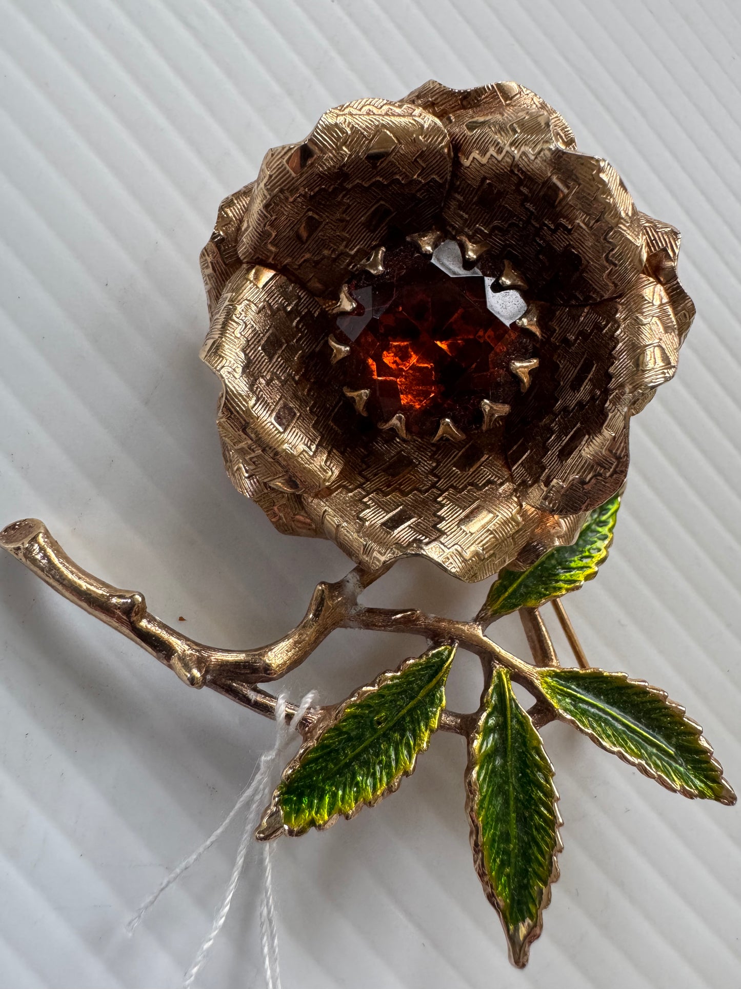 vintage Sarah Coventry gold tone with topaz rose brooch with green enamel leaves