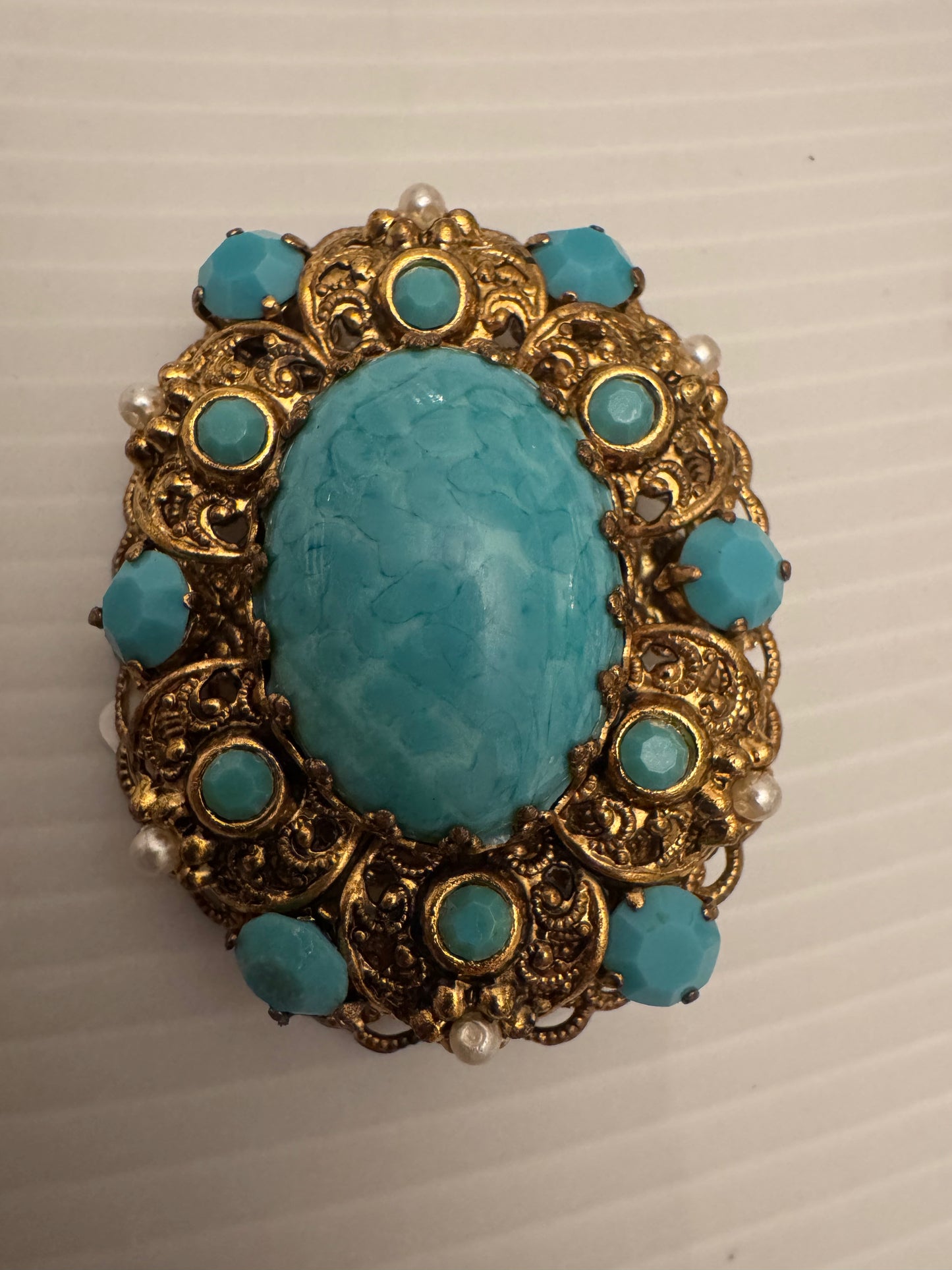 Beautiful vintage West Germany turquoise brooch in gold tone with pearls.