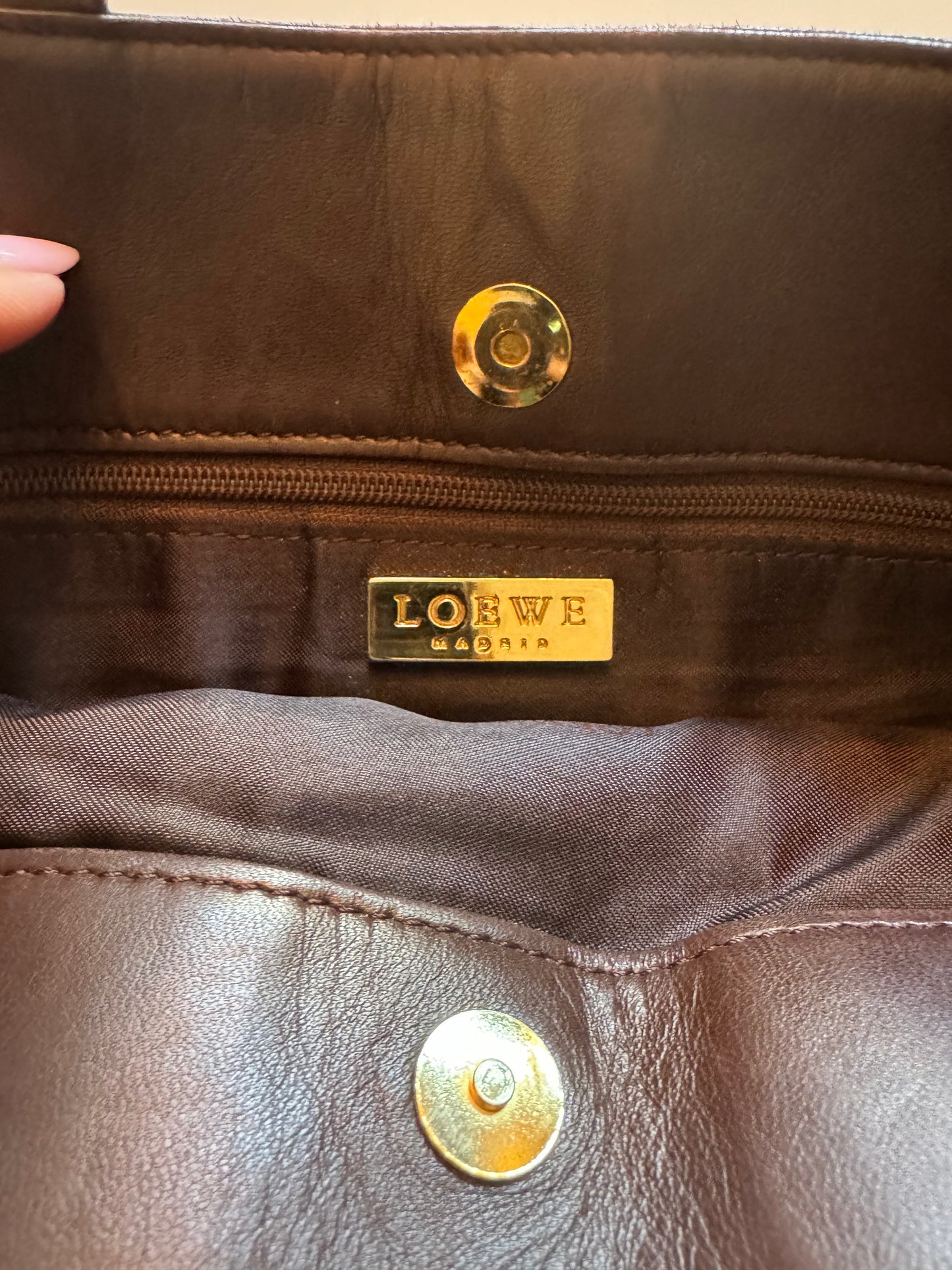 Vintage Loewe fur tote in brown with leather handles, back. Inside zip