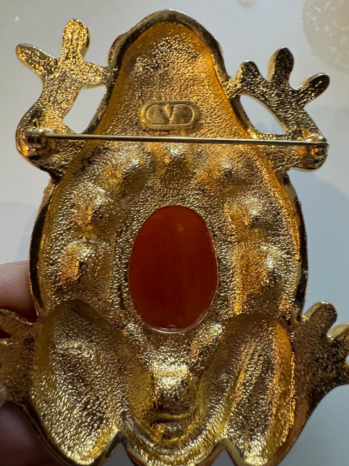 Vintage Valentino rhinestone frog brooch with cabachon