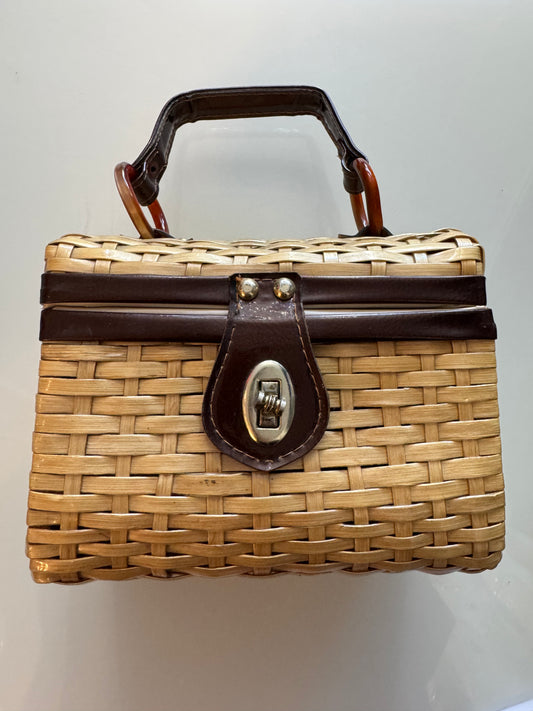 1950s brown wicker bag with lucite handle