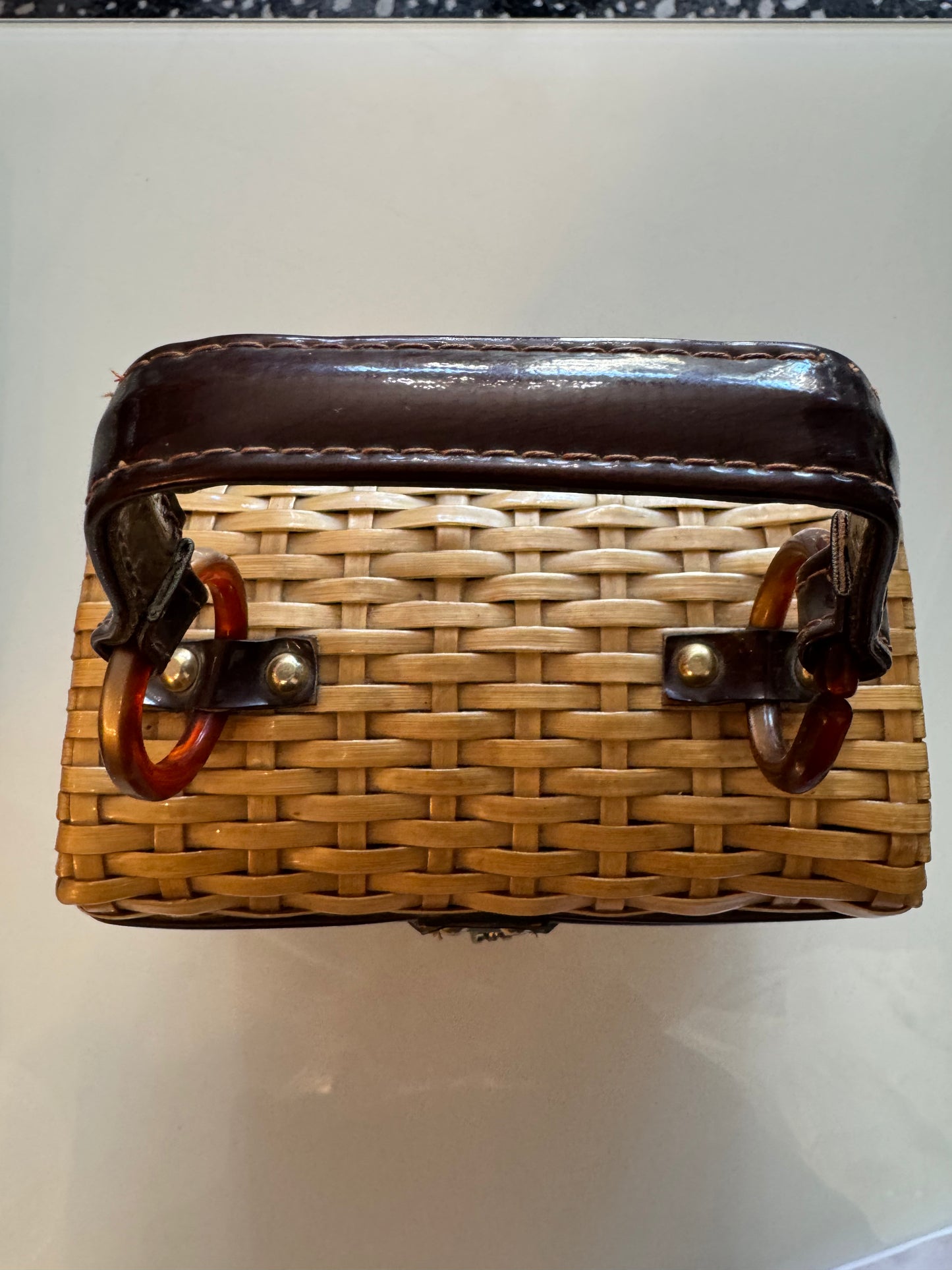 1950s brown wicker bag with lucite handle