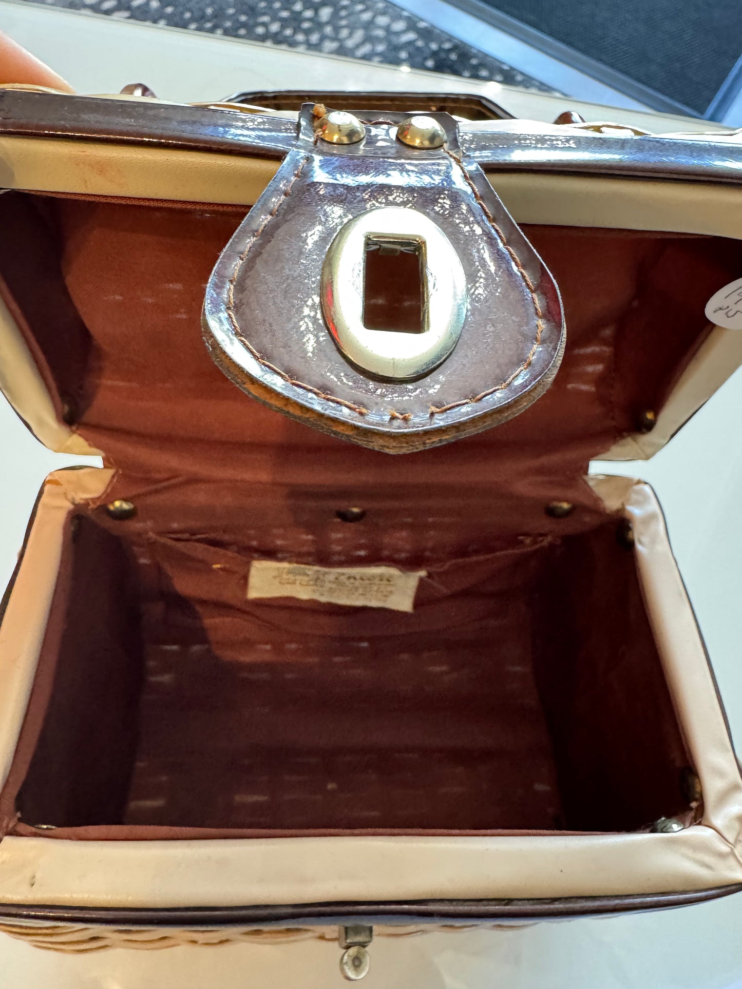 1950s brown wicker bag with lucite handle