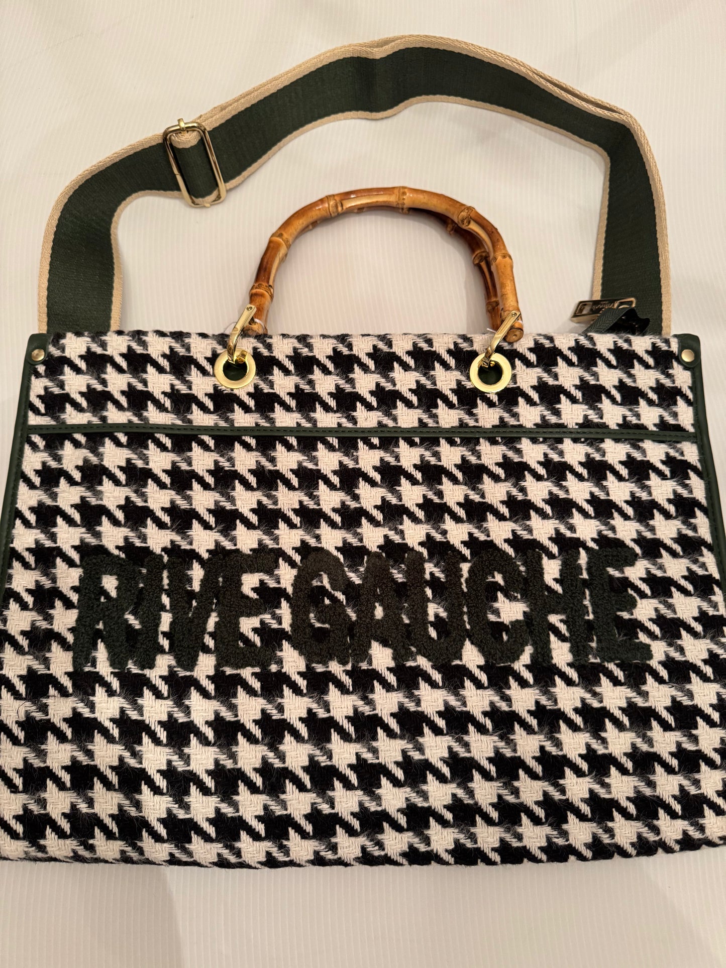 Beautiful large herringbone fabric with bamboo top handle handbag with vegan leather detailing and bottom. Sourced in Paris.