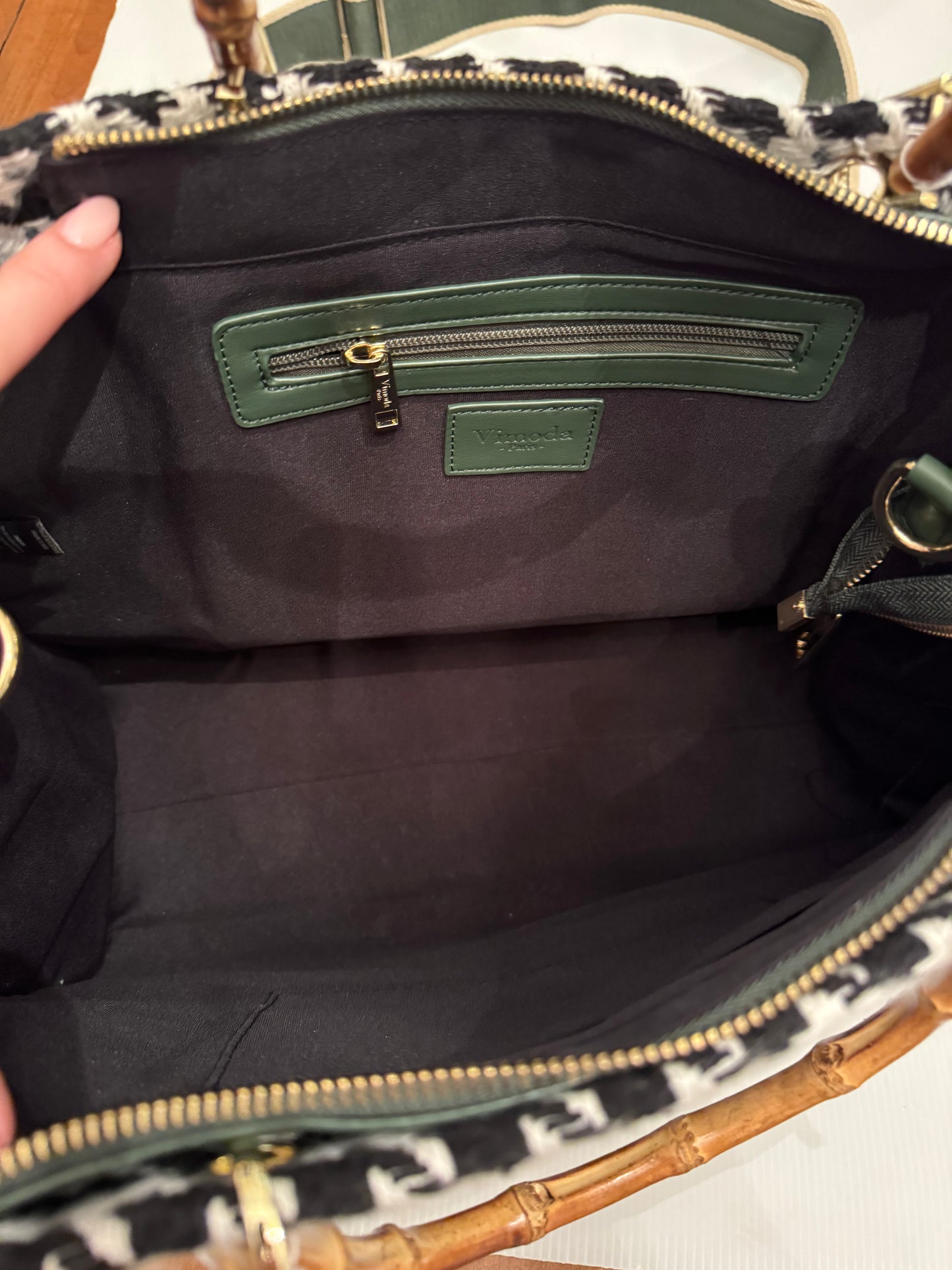 Beautiful large herringbone fabric with bamboo top handle handbag with vegan leather detailing and bottom. Sourced in Paris.
