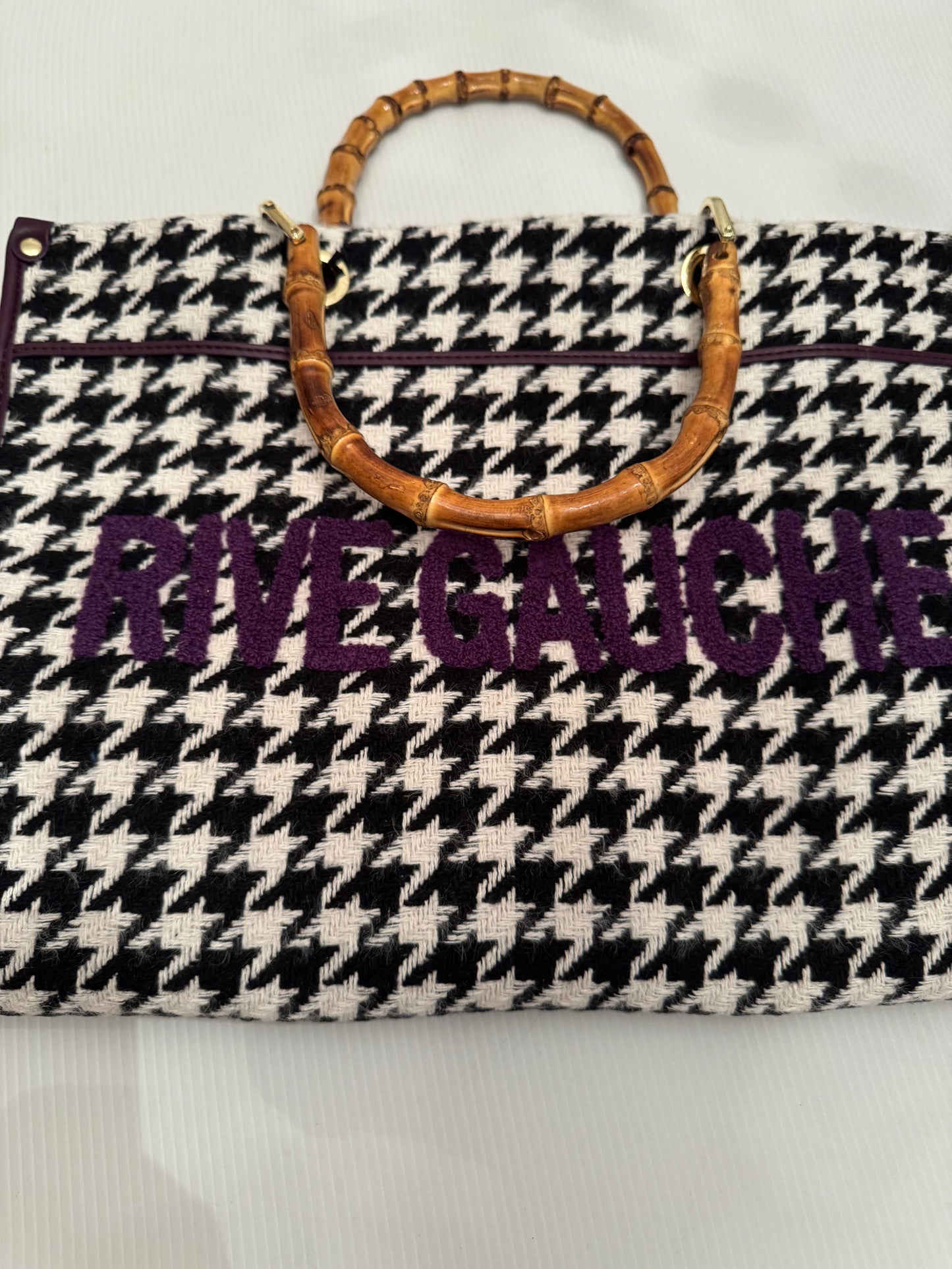 Beautiful large herringbone fabric with bamboo top handle handbag with vegan leather detailing and bottom. Sourced in Paris.