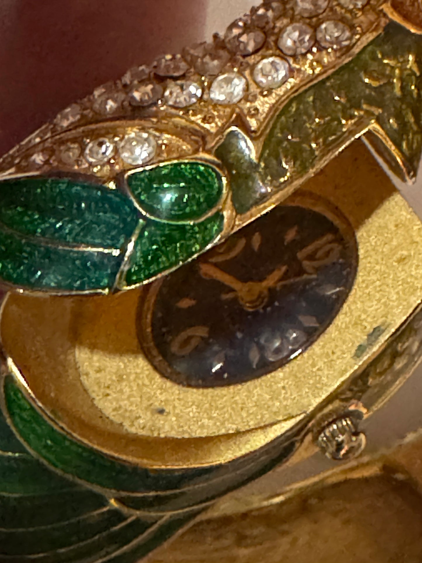 Amazing rare vintage signed Nolan Miller, enamel and rhinestone parrot, clock clamper bracelet