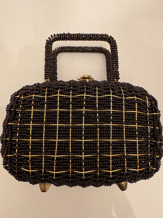 Beautiful vintage, black beaded with gold wire vintage bag by WALBORG