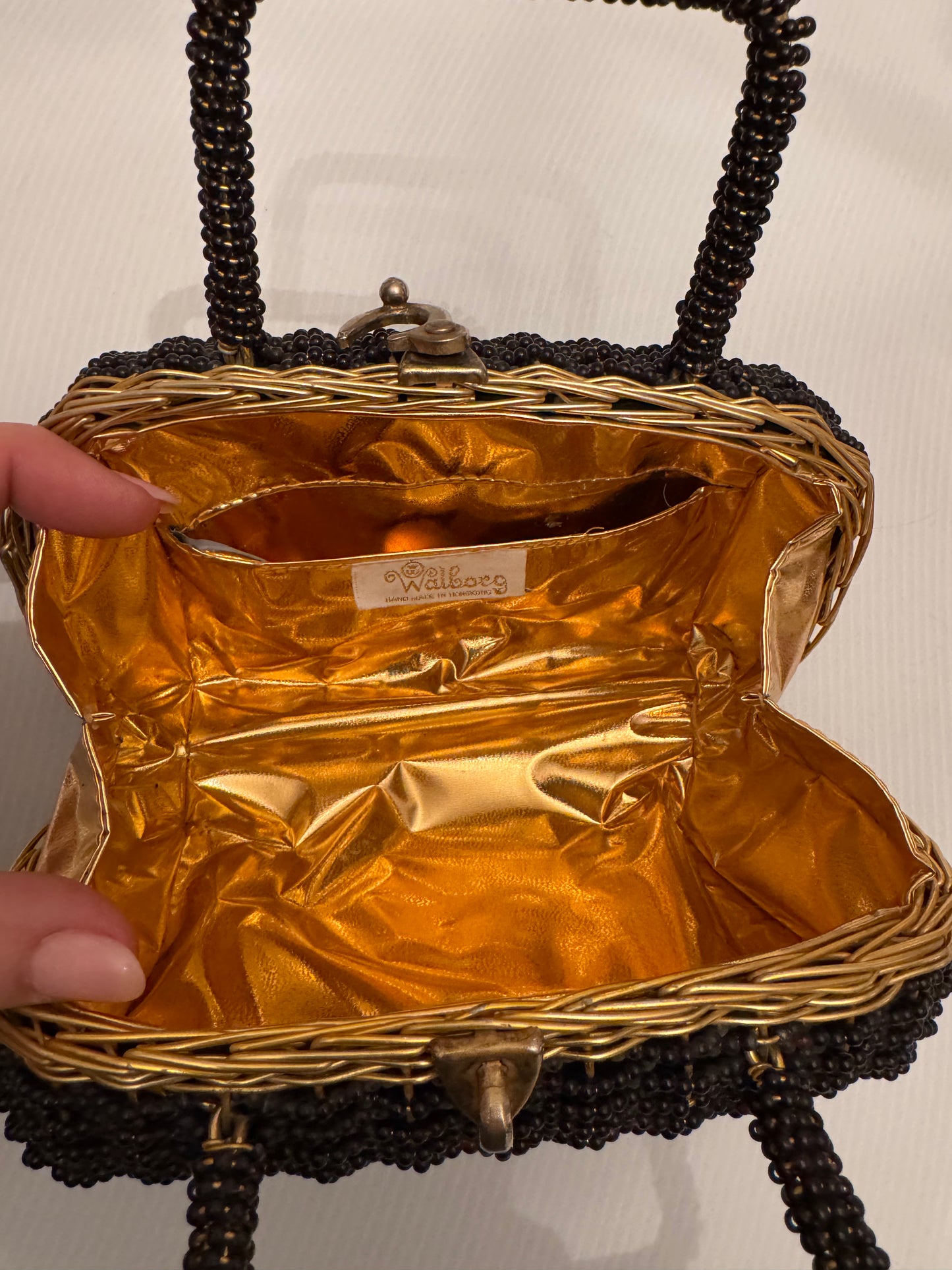 Beautiful vintage, black beaded with gold wire vintage bag by WALBORG