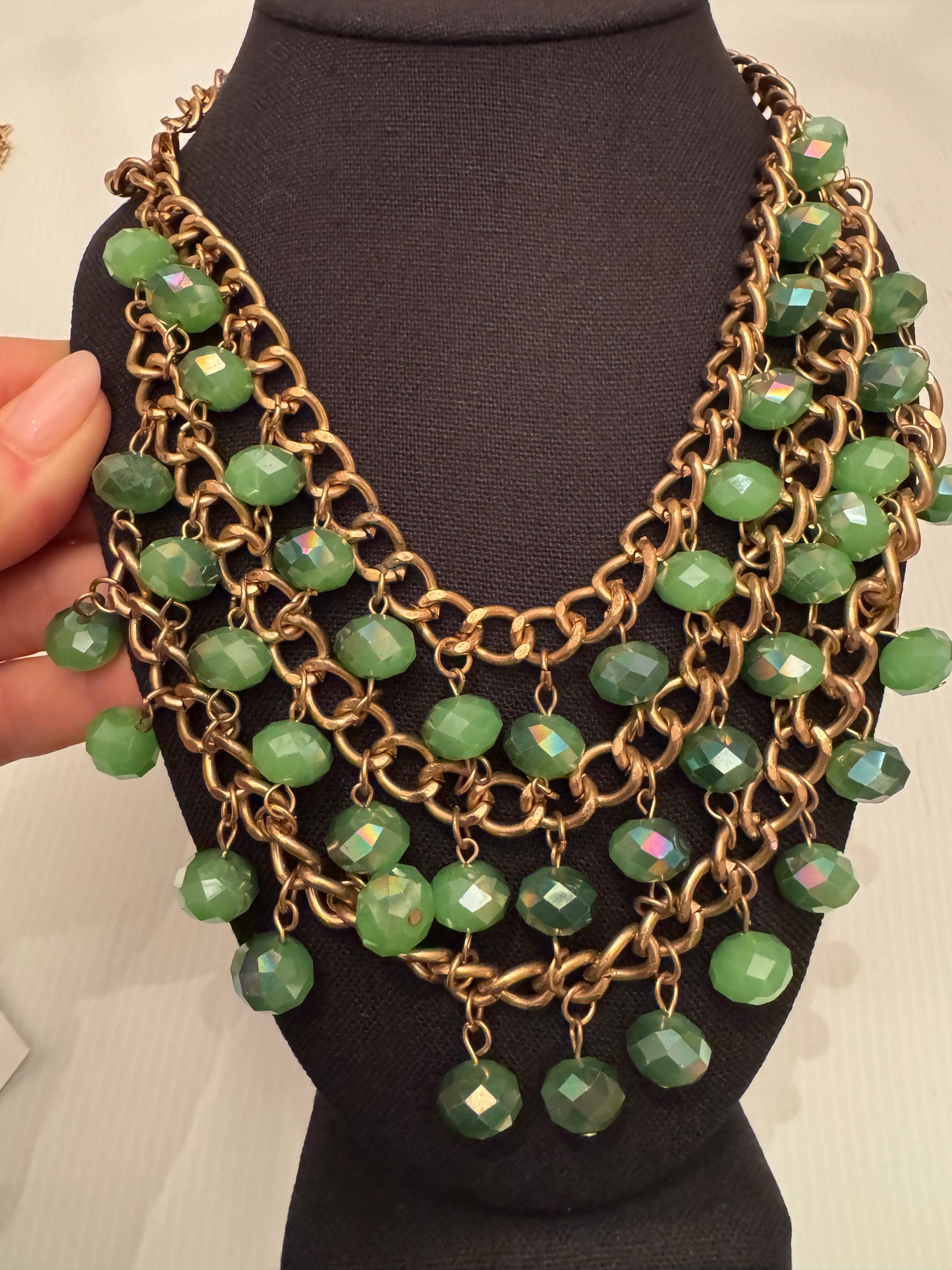 Beautiful vintage, triple strand, bronze, Stone, and green rainbow beaded bib necklace. PARIS LIVE