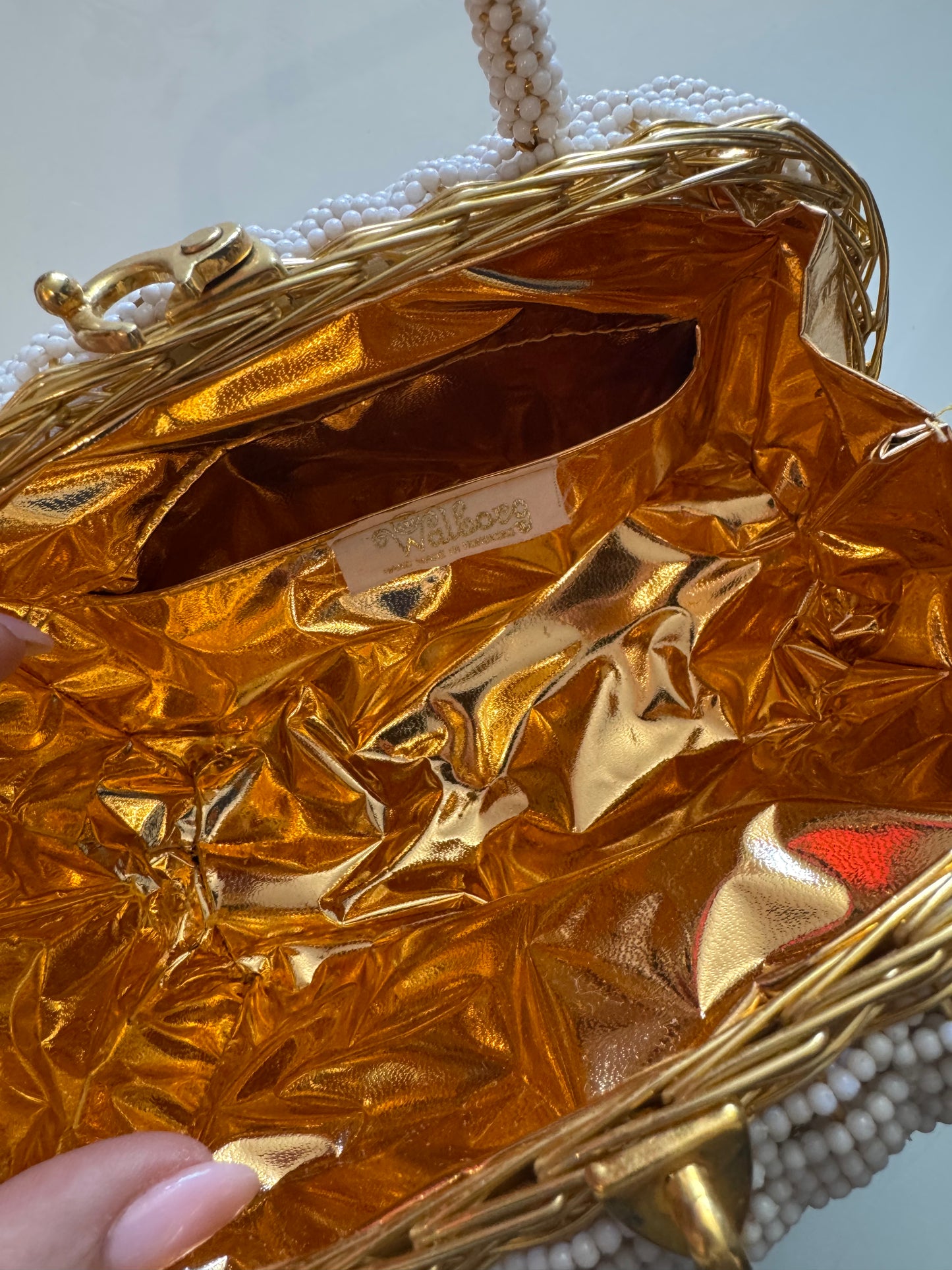 Vintage 1950s white beaded with gold WALBORG top handle