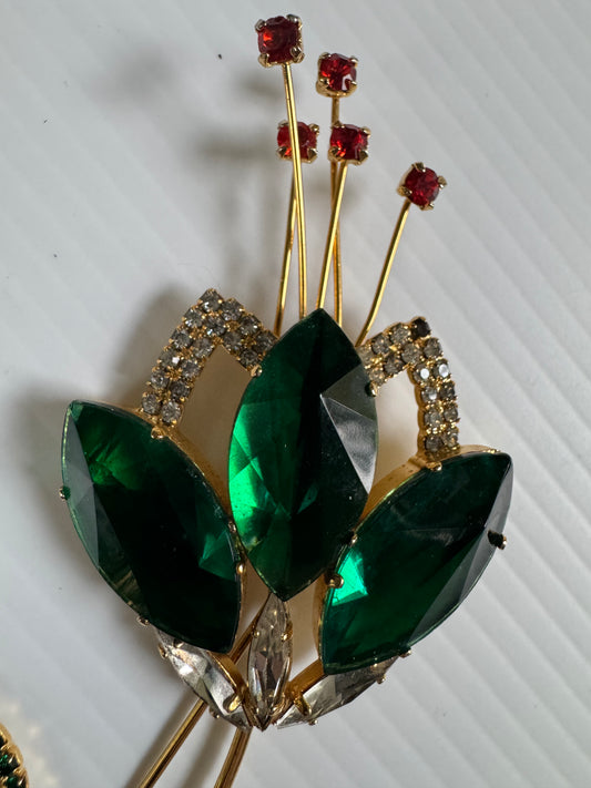 Incredible jumbo vintage rhinestone flower brooch with green, red and light green colored rhinestones