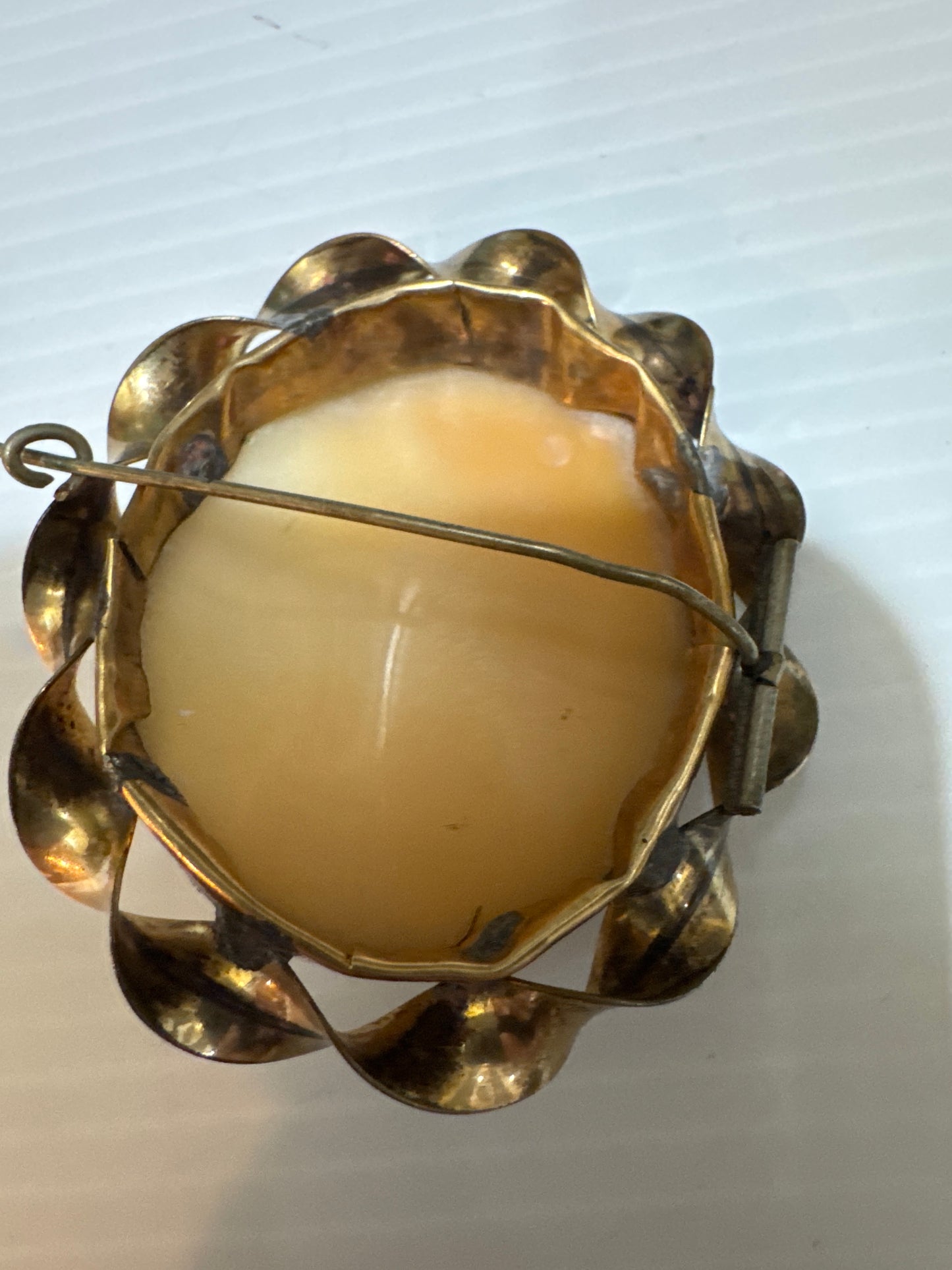 Antique Italian Shell Cameo Brooch — Classical Landscape with Ribbon Frame, c. 1870–1890. jackpot