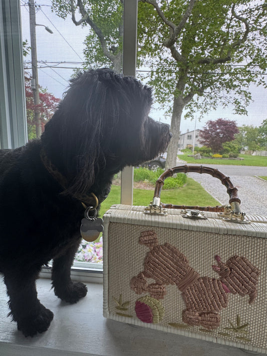 Beautiful 1950s wicker poodle bag with bamboo handles in mint condition