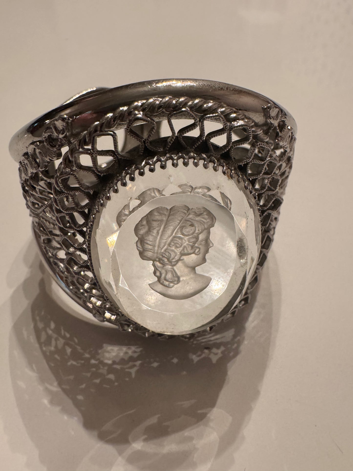 vintage jumbo Silvertone clamper bracelet by Whiting and Davis with clear cameo