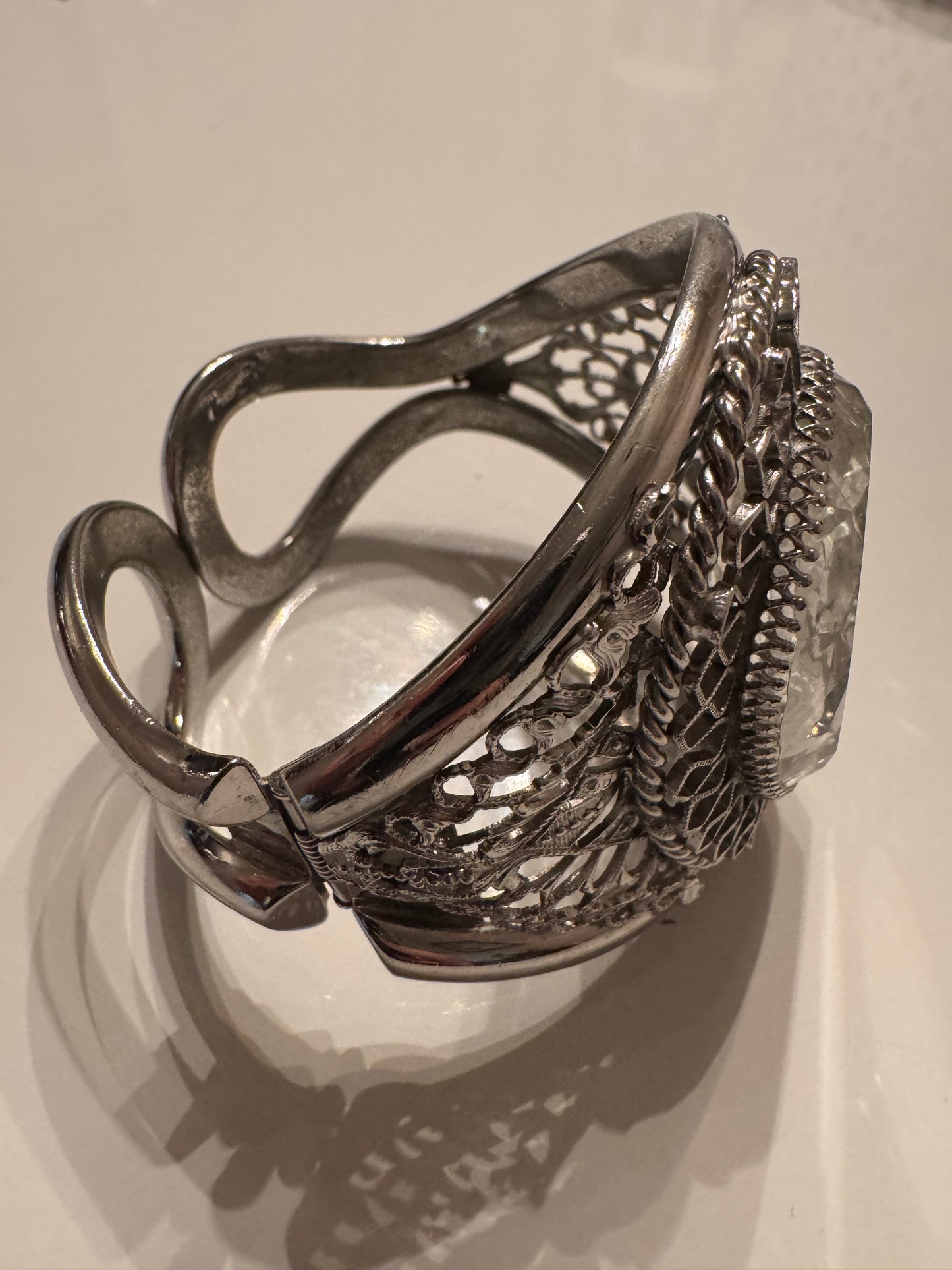 vintage jumbo Silvertone clamper bracelet by Whiting and Davis with clear cameo