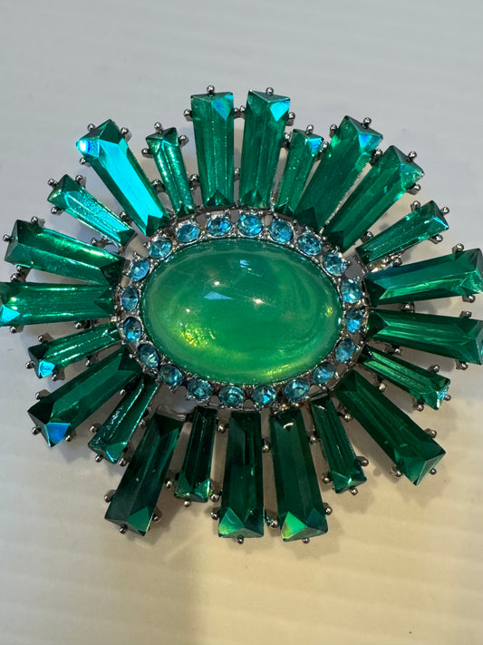 1990s statement brooch with gorgeous green and light blue rhinestones