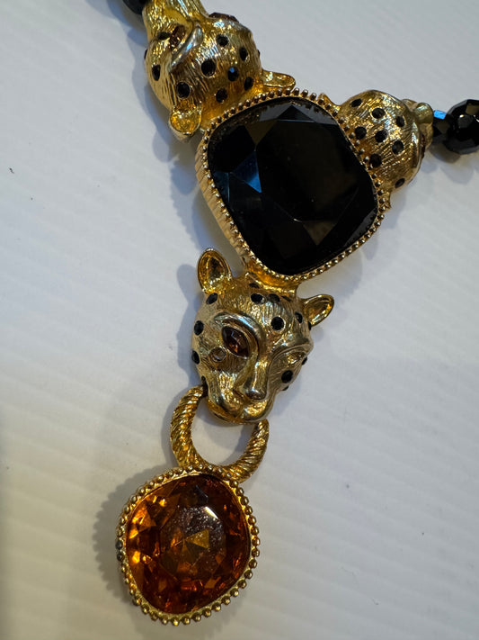 WOW! stunning 1980s signed Graziano panther gold tone necklace with Amber colored beads, enamel, and rhinestones