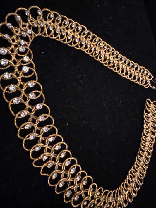 RARE vintage 1960s evening costume bib necklace. Notice the sparkling rhinestones and chainmail construction . France