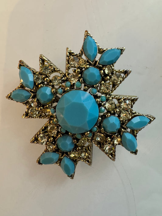 Beautiful turquoise and rhinestone vintage brooch