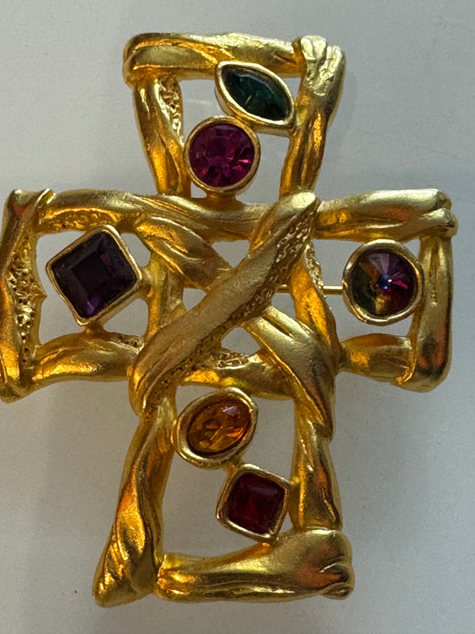 vintage 1980s matte gold tone and rhinestone brooch