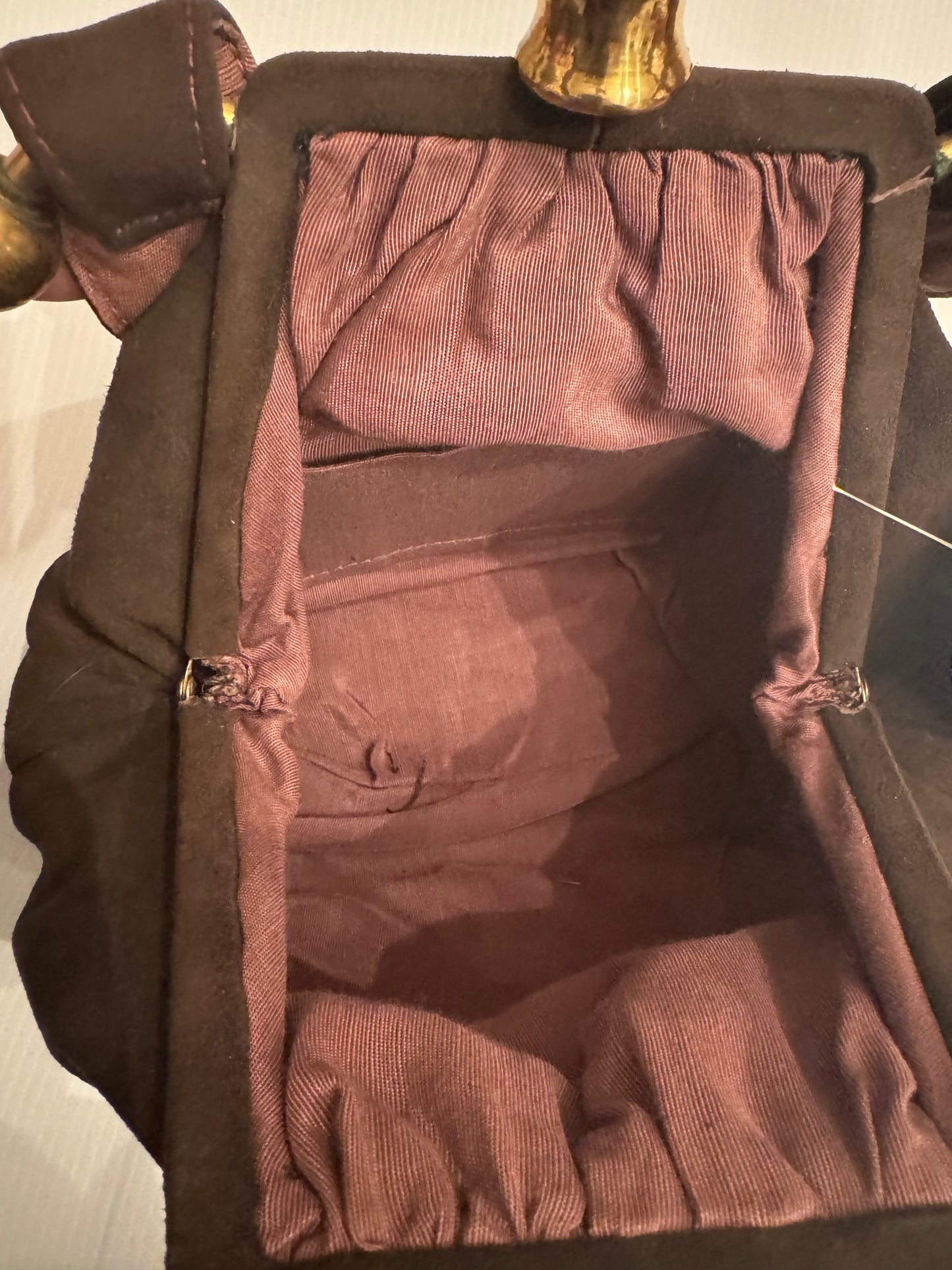 Stunning vintage 1940s brown suede with gold hardware top handle handbag with mini coin purse. Never worn.