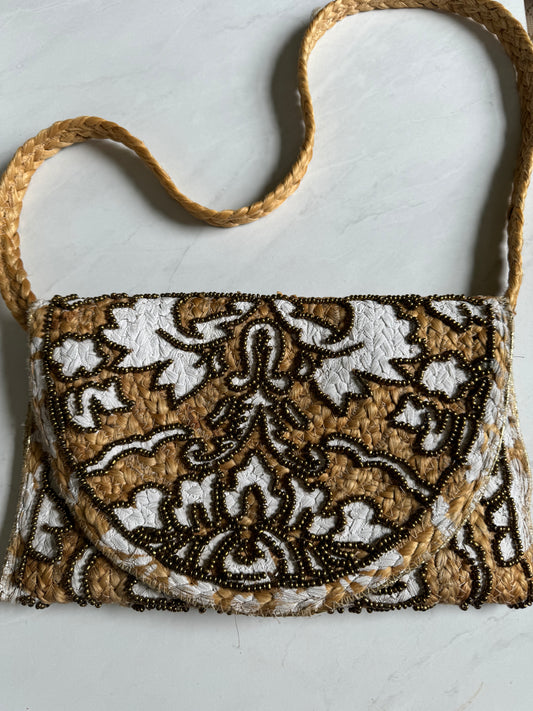 Vintage inspired wicker and beaded clutch/shoulder bag from Spain