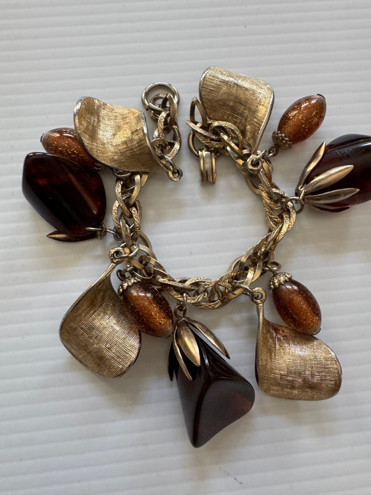 vintage 1970s brutalist charm bracelet with Amber lucite charms