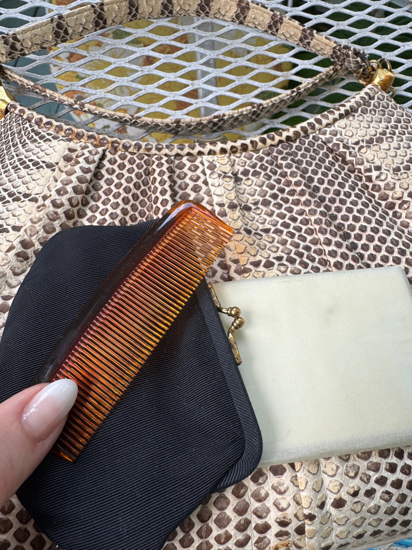 Fabulous 1960s beige colored python top handle purse with two Outside pockets, original comb mirror and coin purse by Rosenfeld