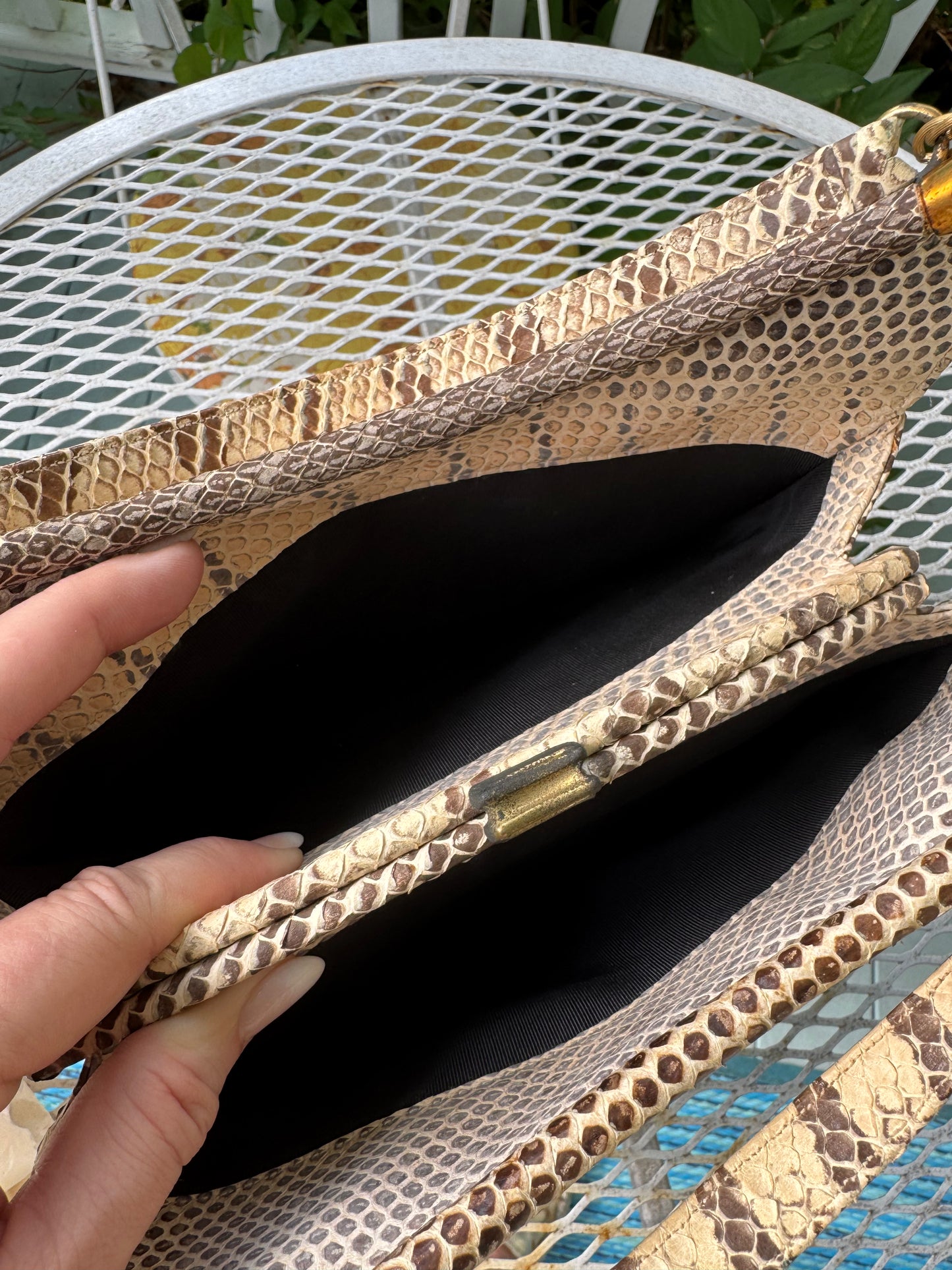 Fabulous 1960s beige colored python top handle purse with two Outside pockets, original comb mirror and coin purse by Rosenfeld