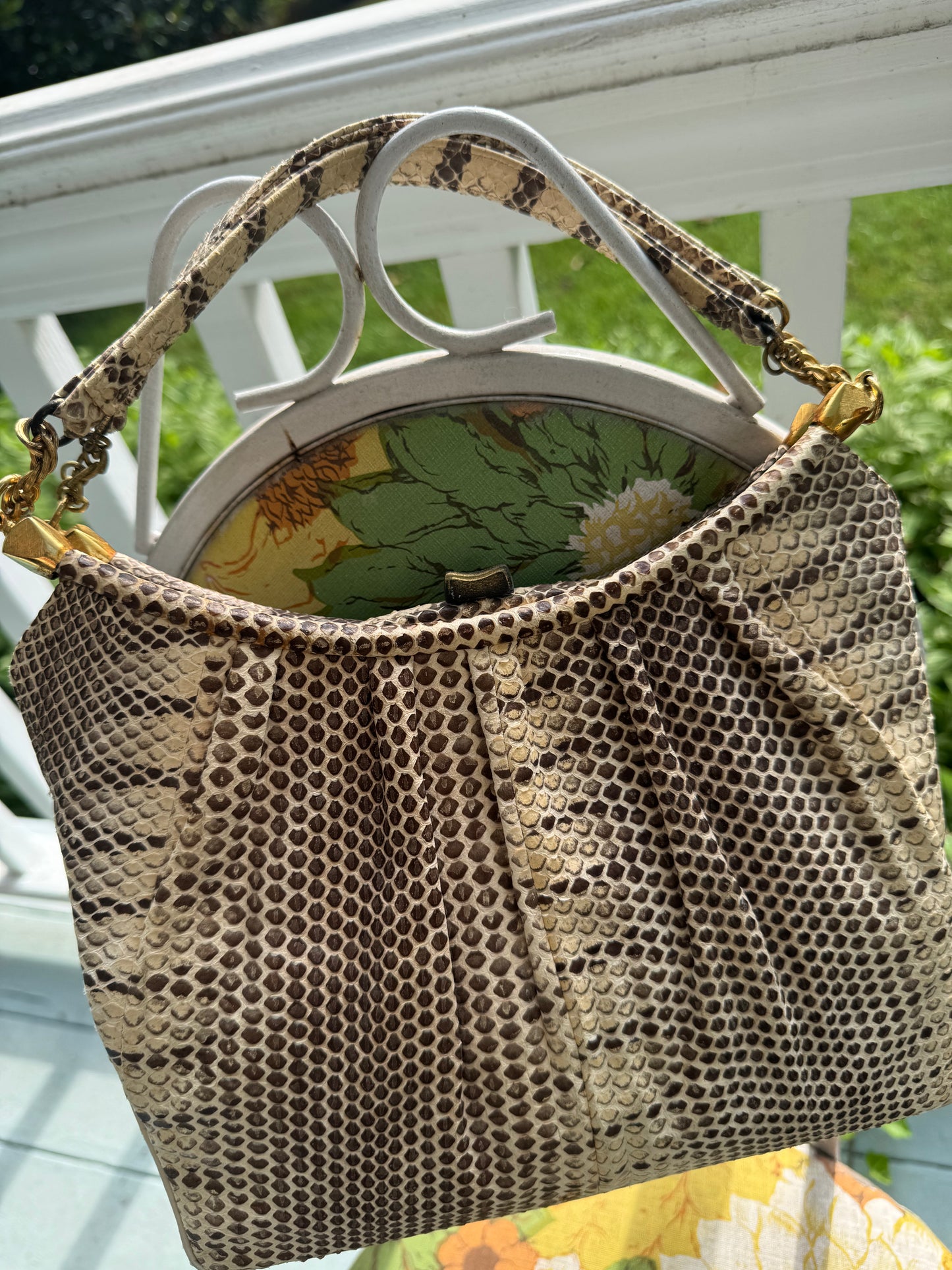 Fabulous 1960s beige colored python top handle purse with two Outside pockets, original comb mirror and coin purse by Rosenfeld