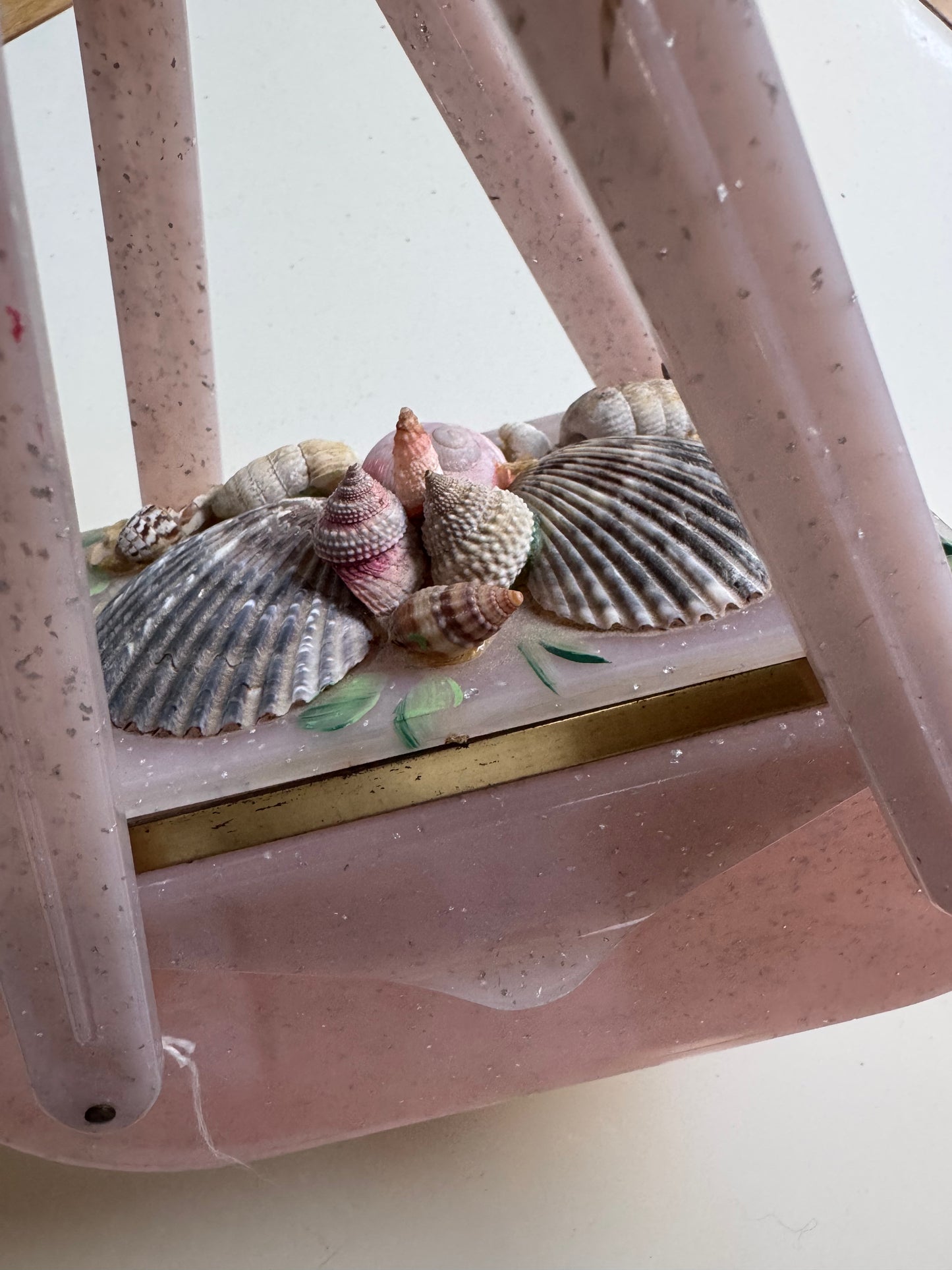 1950s seashell powder, pink blue lucite box bag