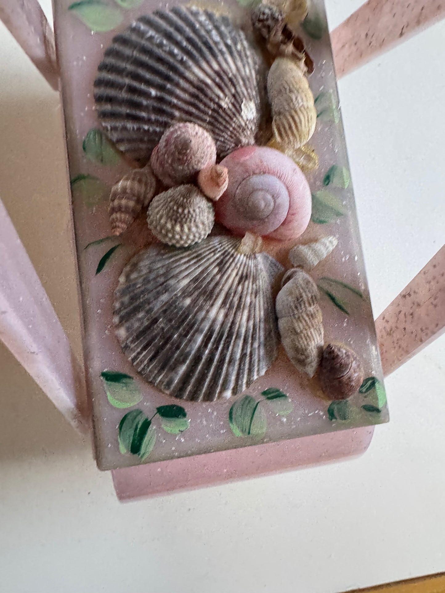 1950s seashell powder, pink blue lucite box bag