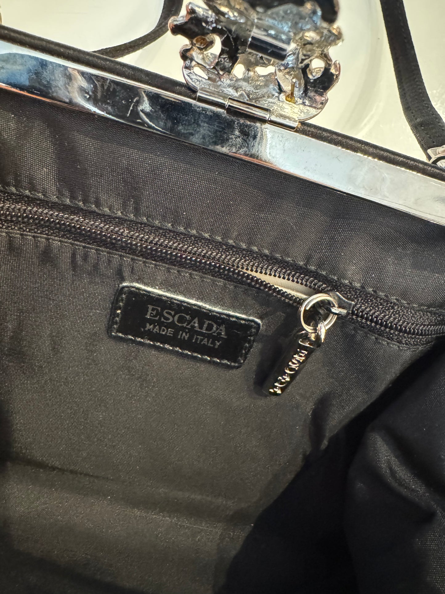 Vintage Escada black satin bag with rhinestones and removable shoulder strap with dust bag. Oscar worthy! see photo for missing stones