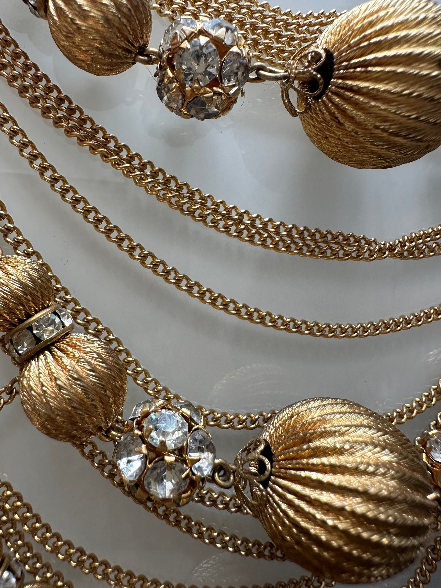 Stunning vintage 1950s multi strand, gold tone necklace with rhinestones. Unsigned Vendome. Matching earrings available. Search "Vendome" to view them
