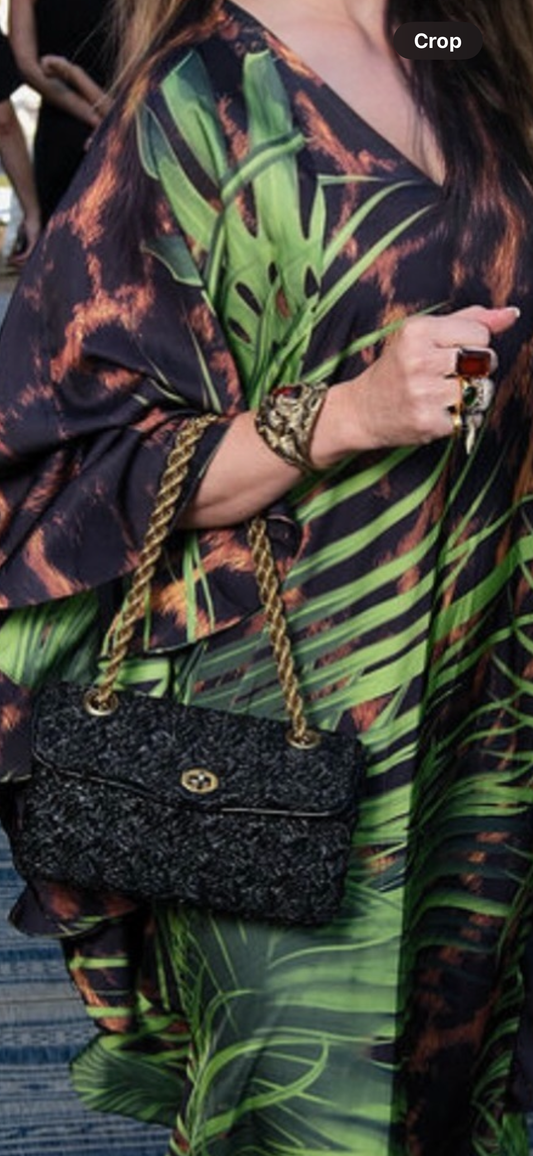 1950s black raffia bag with gold chain top handle