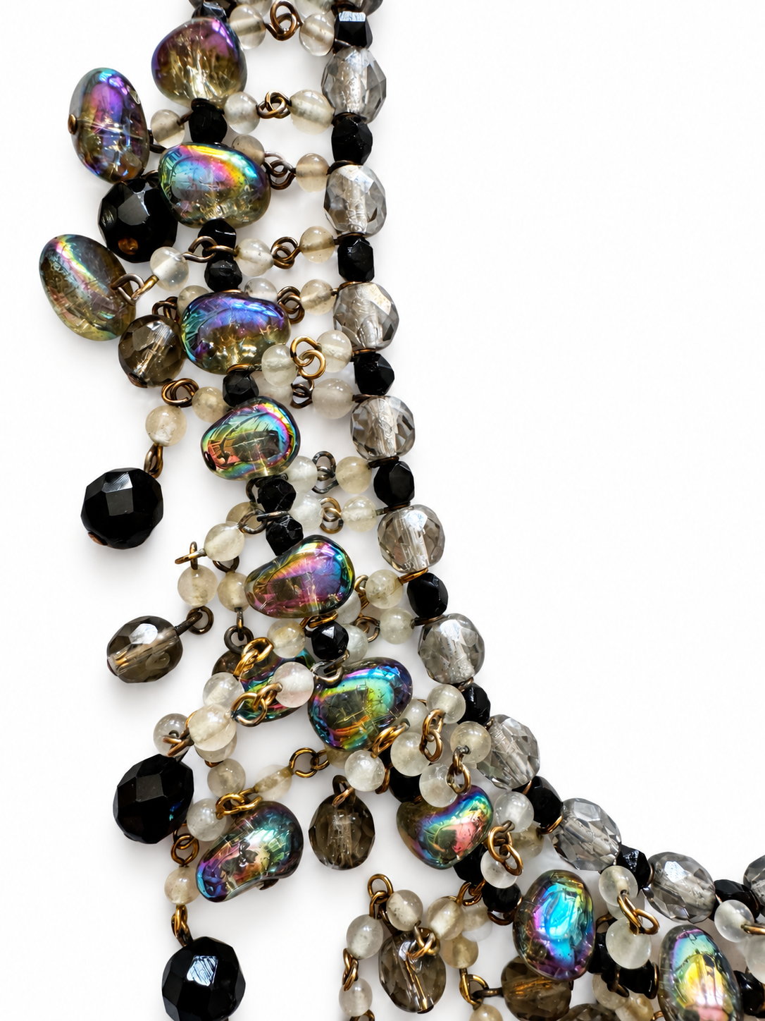 1950s signed KRAMER glass tassel necklace~ smoky gray, and black stones