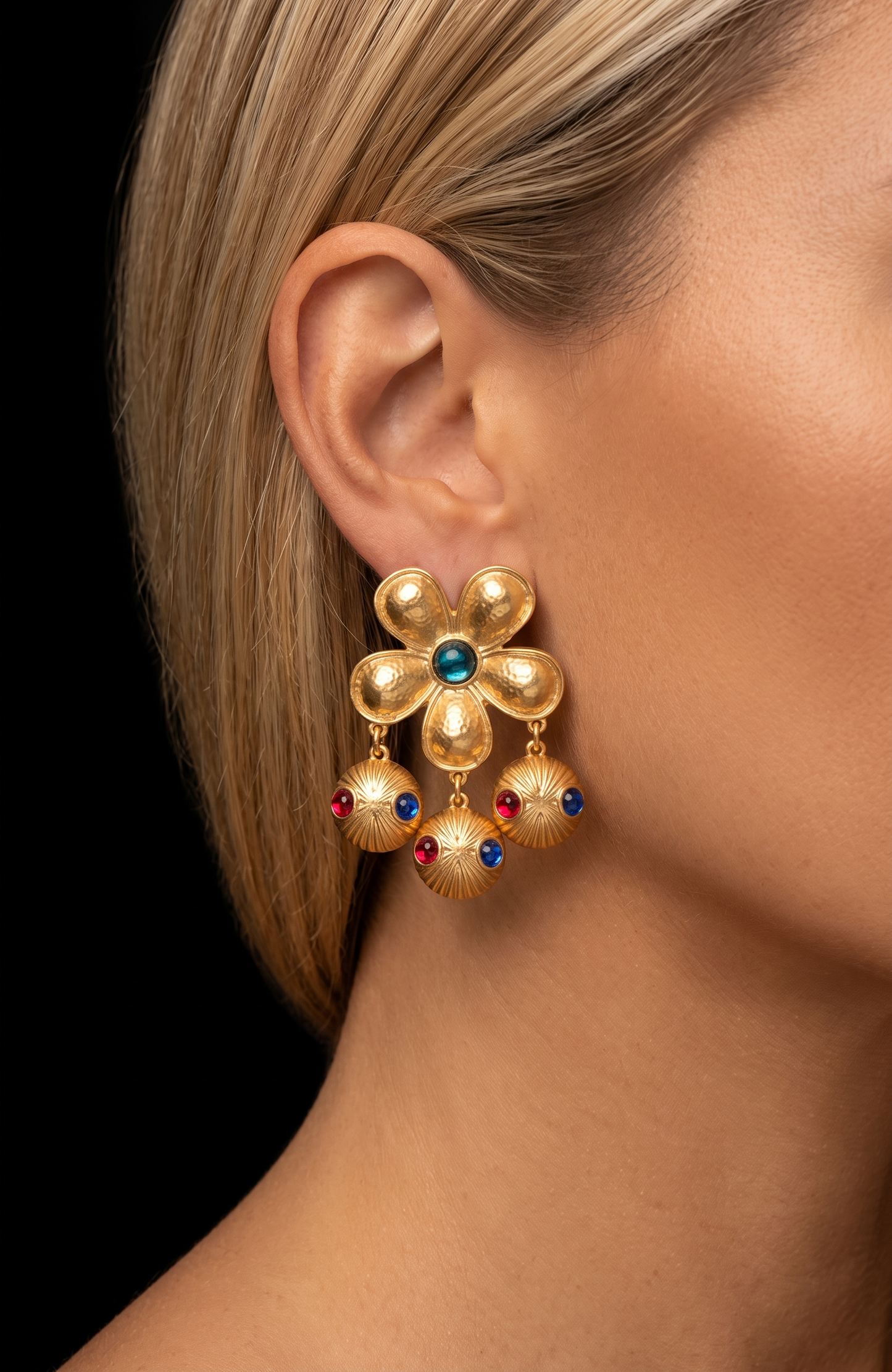 vintage 1960s signed Alice Cavaness gold plated pierced earrings with Jewel-tone red, blue, and green cabochons. France.