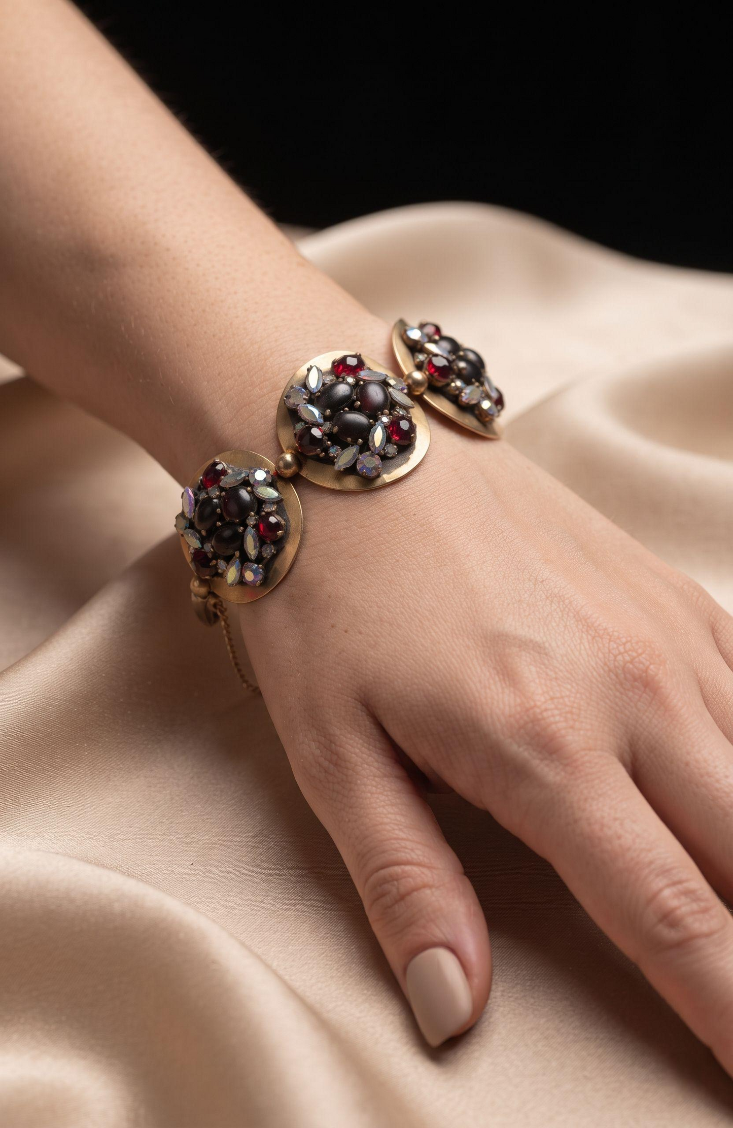 Vintage 1940s Schiaparelli signed rhinestone bracelet with red glass and aurora borealis stones ~ so beautiful