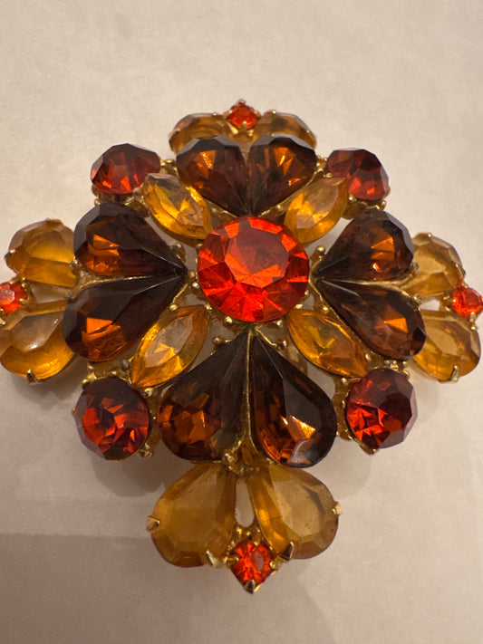 1950s signed EdLEE amber/topaz rhinestone brooch