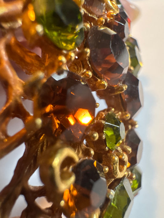 Vintage signed CORO vintage rhinestone Crescent Moon brooch with green and amber  navettes
