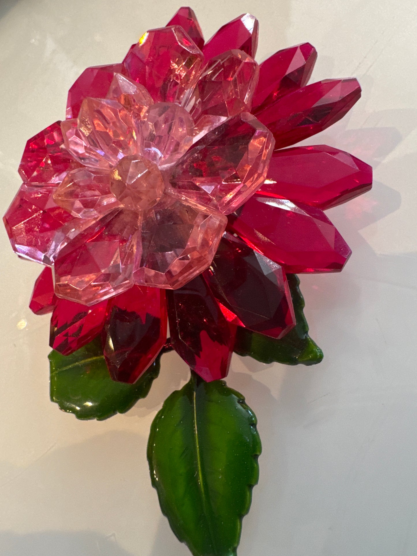 1950s signed West Germany, pink flower lucite brooch with green enamel leaves